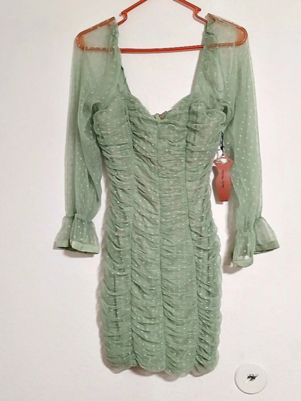 Haute Monde Ruched Swiss Dot Long-Sleeve Dress Mini Dress Green Small